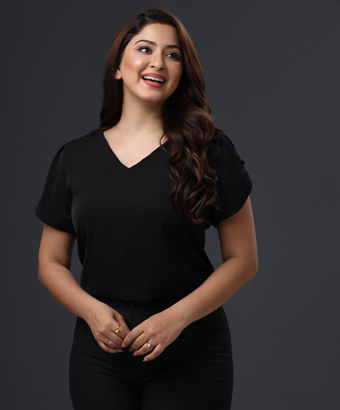 Vneck Sleeve Spilt Chiffon Black Top